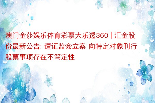 澳门金莎娱乐体育彩票大乐透360 | 汇金股份最新公告: 遭证监会立案 向特定对象刊行股票事项存在不笃定性